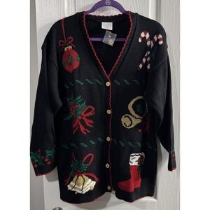 VTG‎ Style Studio Womens Black Christmas Holiday Knit Cardigan Sweater